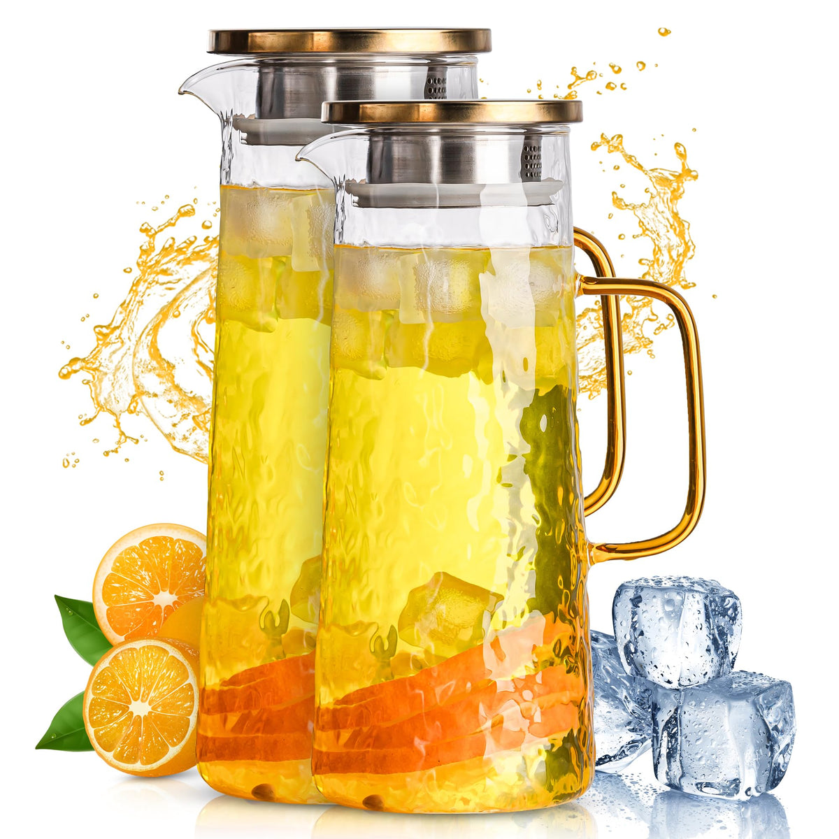 Glass Pitcher with Lid & Spout, 2 Pack 1.8L 60 Oz –Carafe Hot & Cold Drink