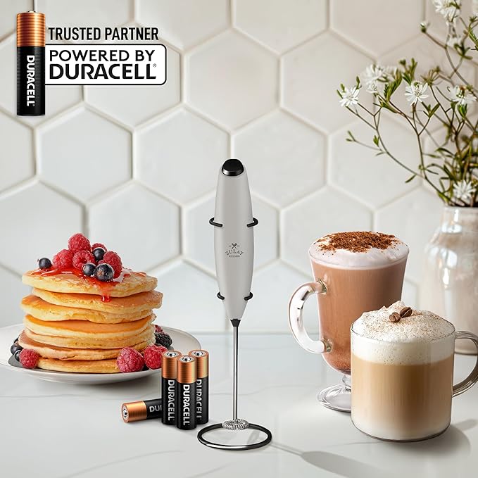Zulay Powerful Milk Frother (4 Duracell Batteries Included) - Handheld Milk Frother Wand Drink Mixer for Coffee - Powerful Milk Foamer for Cappuccino, Frappe, Matcha - Exec Grey/Black/Black Stand