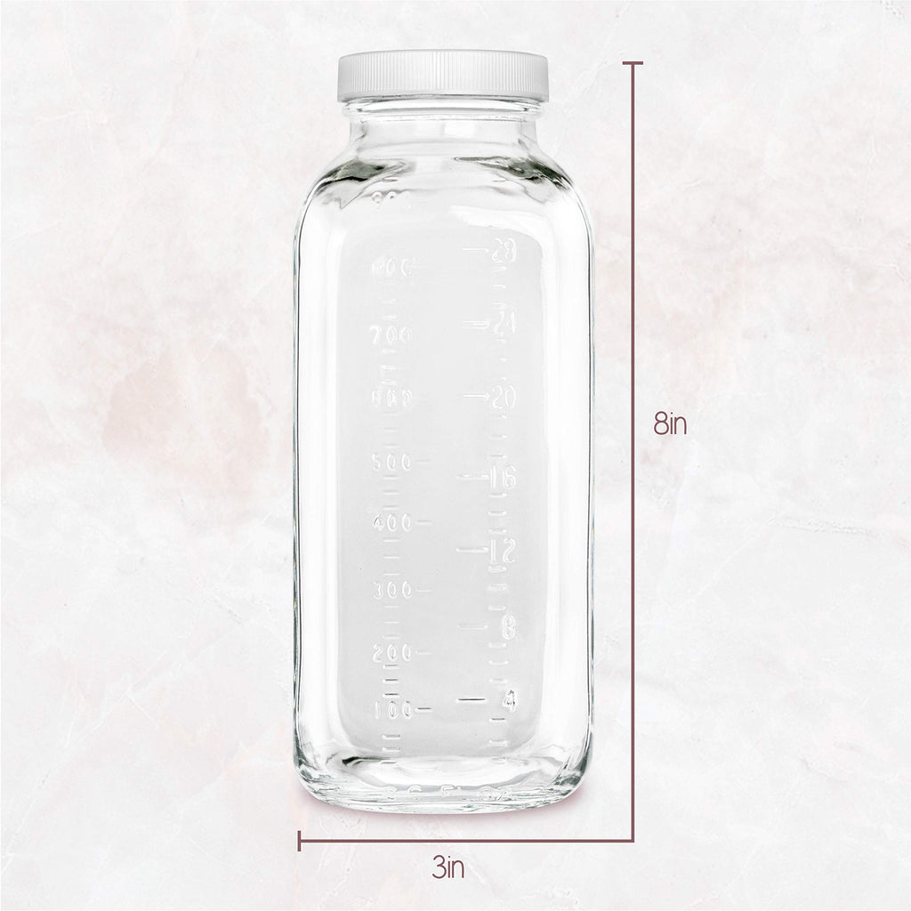 kitchentoolz 32 oz Square Glass Bottles with Plastic Airtight Lids – 4 Pack for Milk, Smoothies, Water, Kombucha, and Broth Storage
