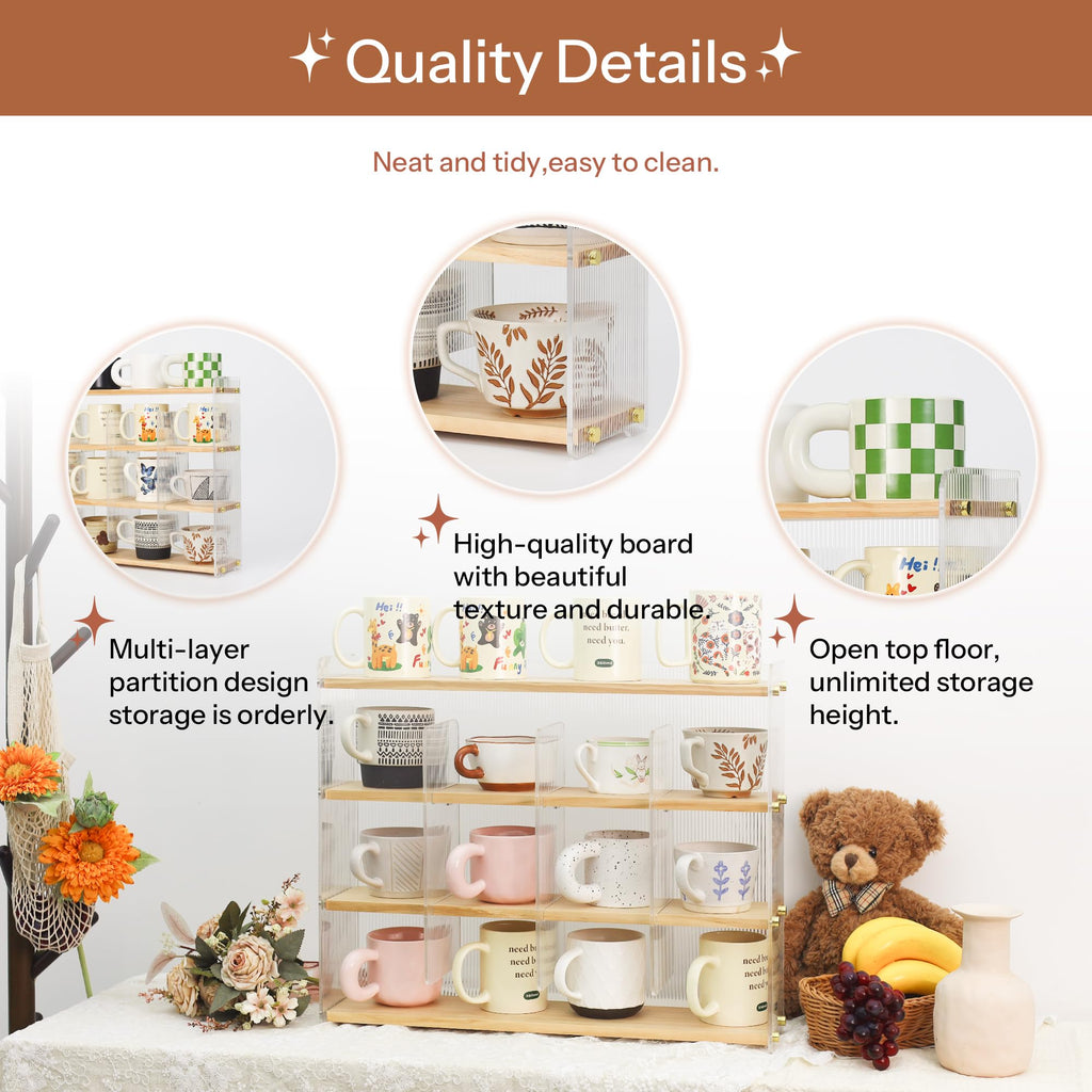 KAOTGOT Mug Shelf 4-Tier Walnut Coffee Cup Displays,Kitchen Spice Storage