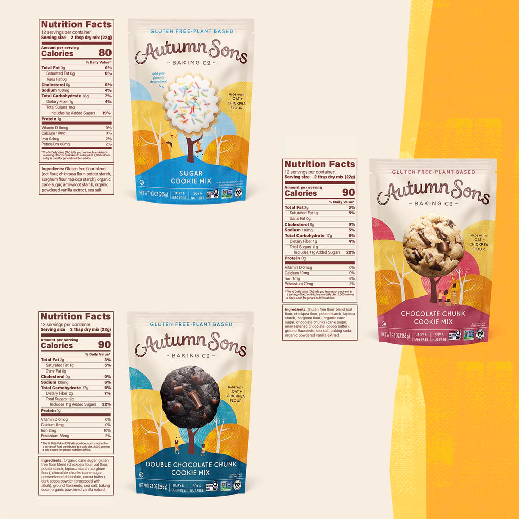 Autumn Sons Baking Co. Gluten Free Cookie Mix Variety Pack. Sugar Cookie, Chocolate Chunk & Double Chocolate Chunk. Vegan Plant Based Baking Mix. Top 9 Allergen Free. 9.3 oz (Pack of 3)