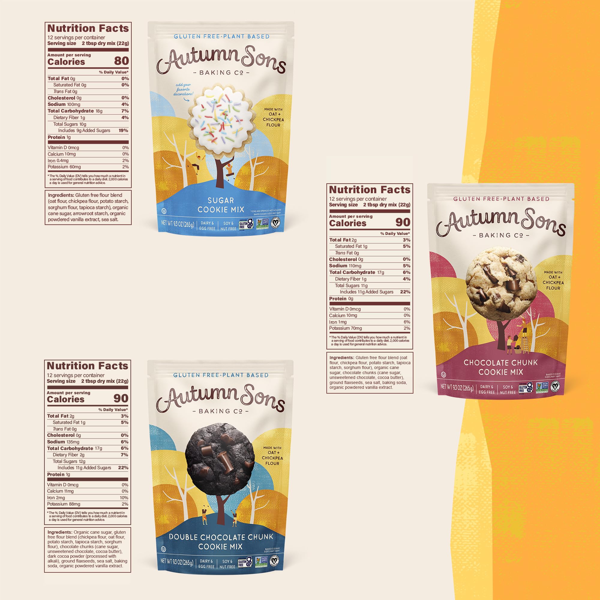 Autumn Sons Baking Co. Gluten Free Cookie Mix Variety Pack. Sugar Cookie, Chocolate Chunk & Double Chocolate Chunk. Vegan Plant Based Baking Mix. Top 9 Allergen Free. 9.3 oz (Pack of 3)