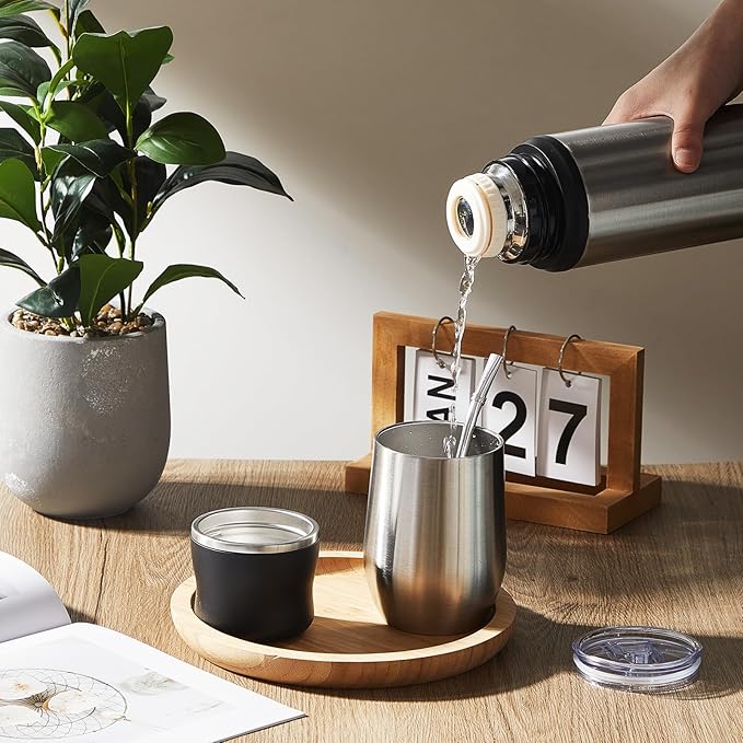 Dandat 2 Pieces Yerba Mate Cup and Vacuum Bottle Kit 12 oz Yerba Mate Gourd Cup and Bombilla Set for Travel, Turn The Cup Upside Down to Pour out All The Water(Steel Color)