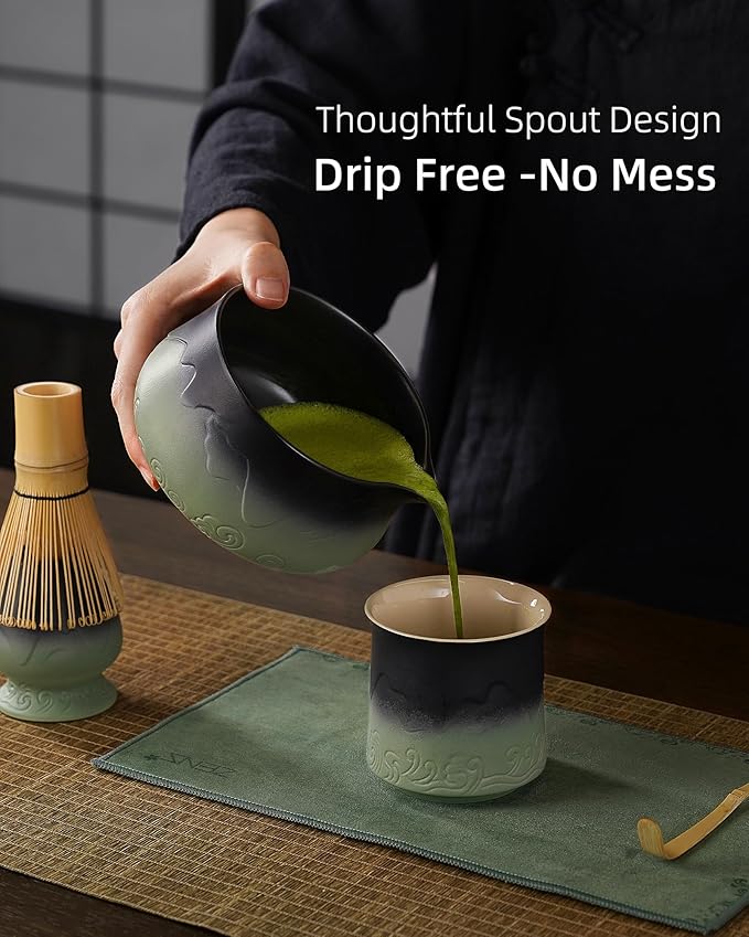 ZENS Matcha Whisk Set, 15oz Matcha Set with Bowl and Bamboo Whisk, Sifter, Scoop, (Chasen Holder) -Tea Towel, 6pcs Matcha Kit Chawan for Matcha-Making, Sage Green