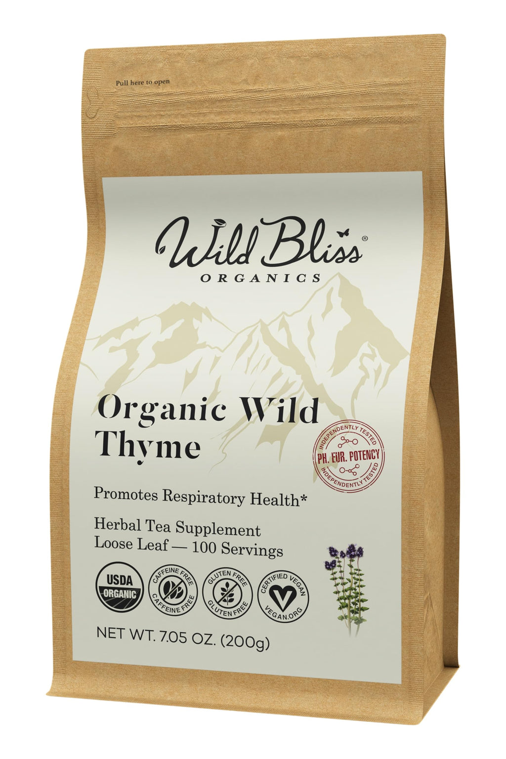 Wild Bliss Organic Wild Breckland Thyme Tea - Caffeine Free Loose Leaf Herbal Tea - Respiratory and Digestion Support - 7.05 Oz - 100 Servings