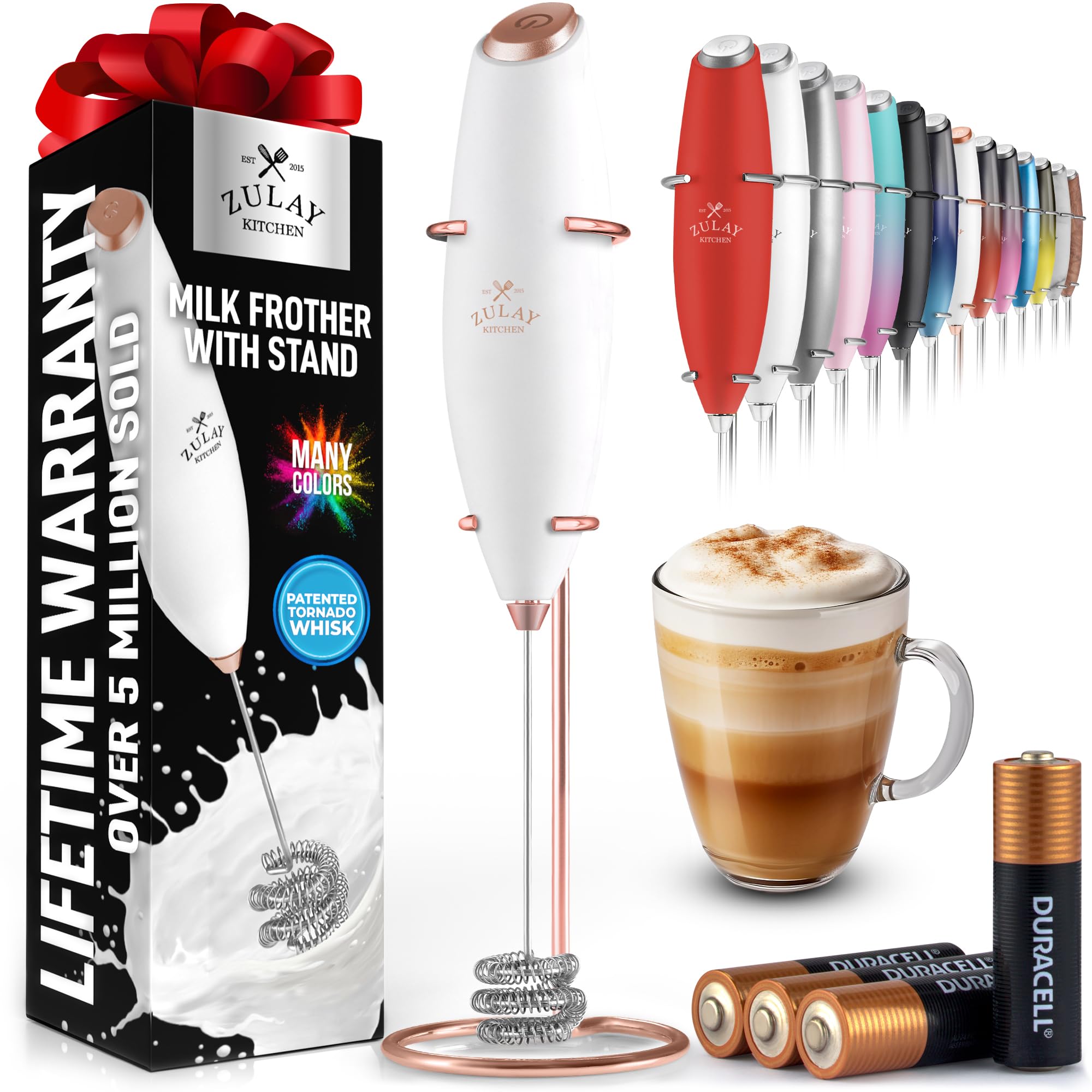Zulay Kitchen Powerful Milk Frother Wand With Duracell Batteries - Ultra Fast Handheld Drink Mixer - Electric Whisk Foam Maker for Coffee, Lattes, Cappuccino & Matcha - Triple Whisk - Black