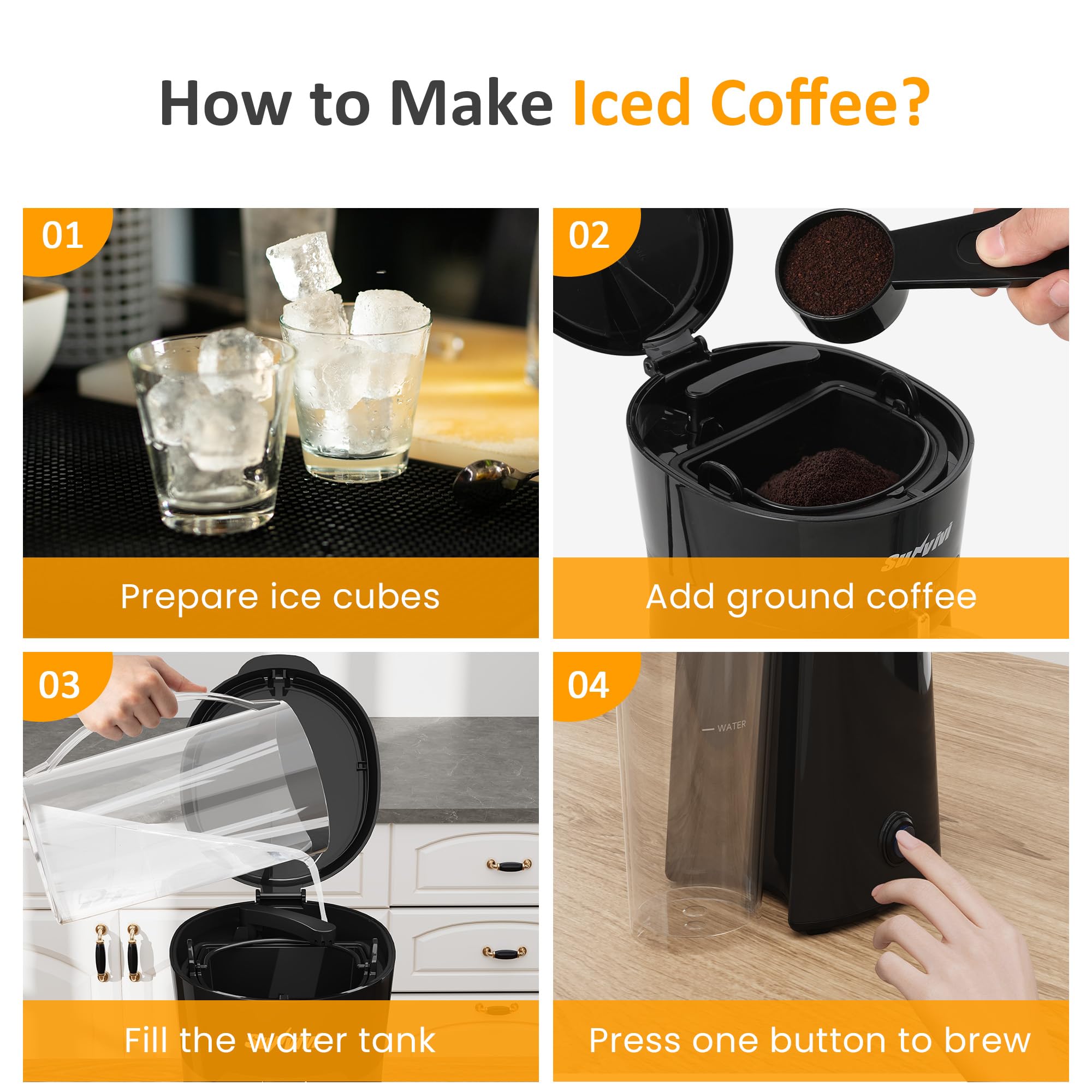 SUNVIVI 20 Oz Iced Coffee Maker for Ground Coffee, Cold Brew Tea Maker with Reusable Coffee Filter and Insulated Pitcher, Single Serve Machine for Home, Strength Control for Flavor, Black