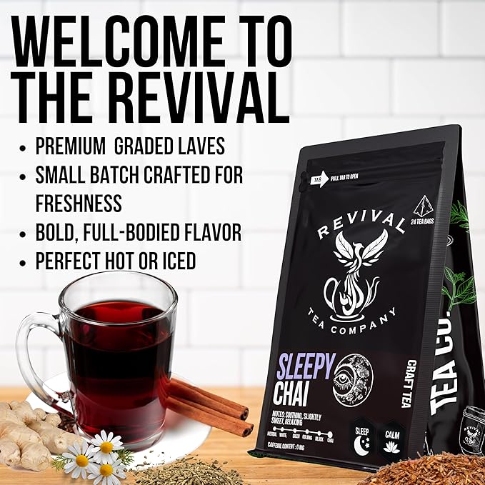 Revival Tea Company Sleepy Chai Tea - Rooibos Chai Tea Red Tea Blend with Valerian Root and Fresh Spiced Chai Flavor - Caffeine Free - 24 Tea Bags