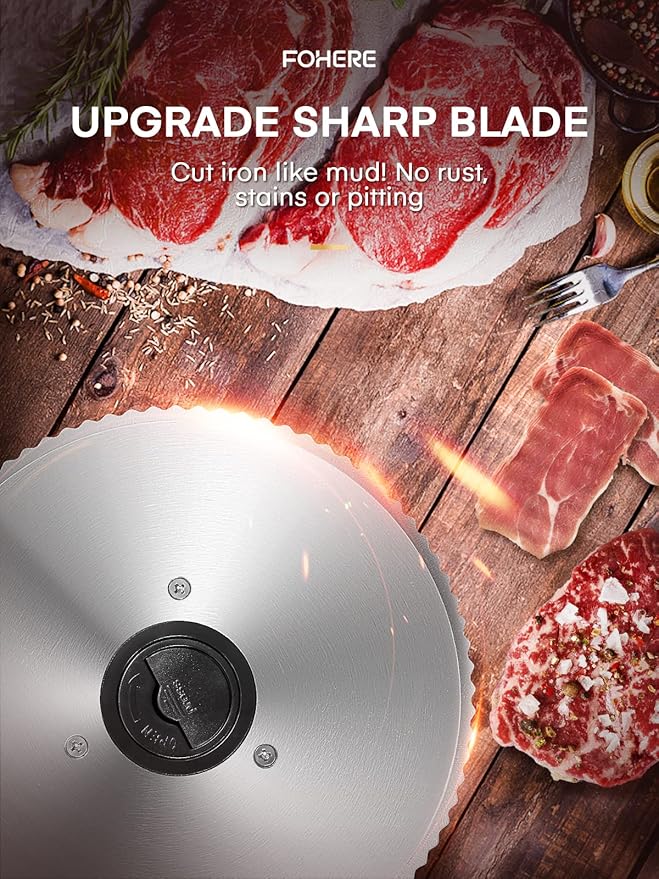 FOHERE 200W Meat Slicer Machine for Home, Electric Food Slicer with Two 7.5" Sharp Stainless Steel Blade(Serrated + Smooth) 0-15mm Precise Thickness Deli Meat Slicer for Bread Fruit Vegetable(Silver)