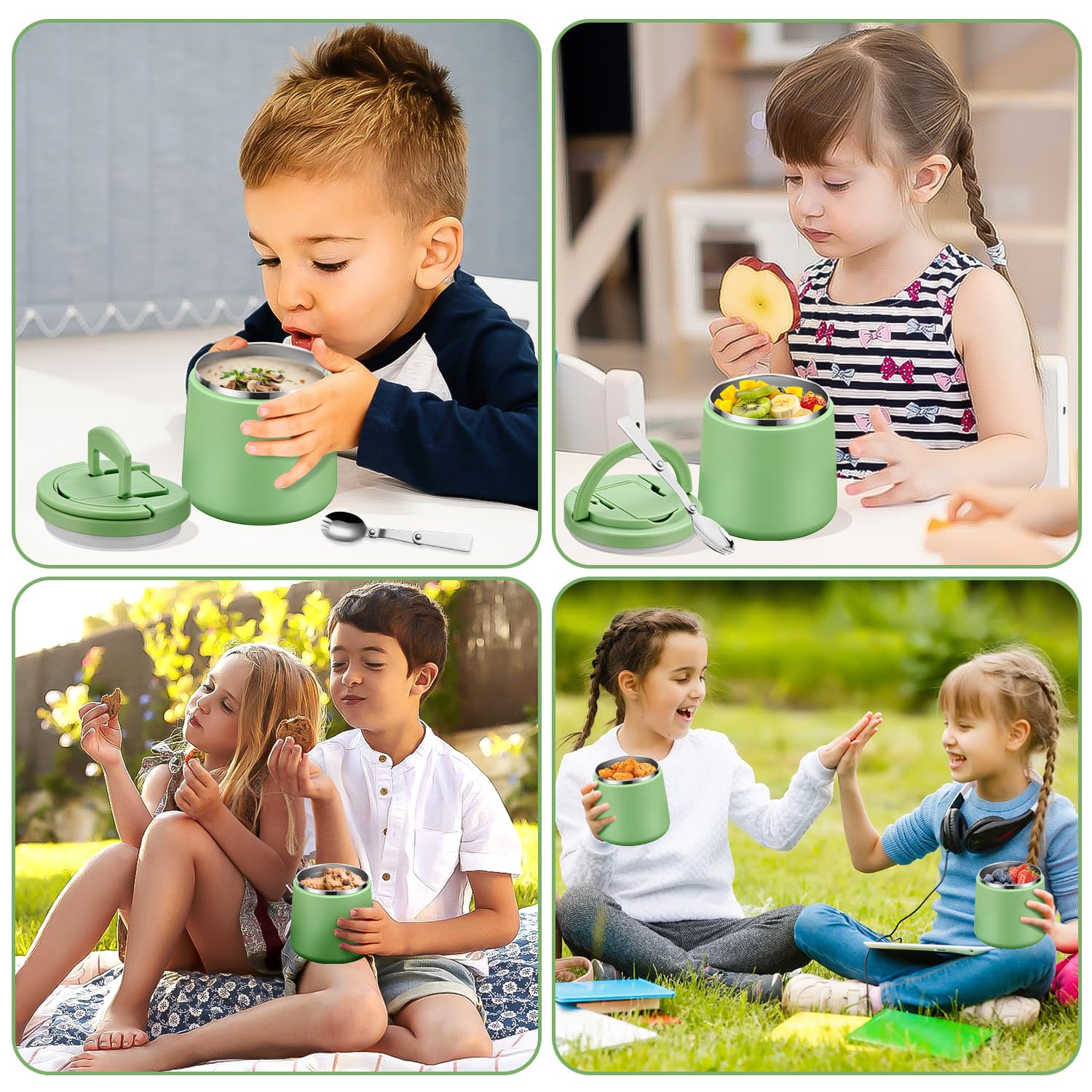 20oz Insulated Vacuum Food Jar with Buckle Lid,Soup Thermo for Hot Food Kids,Wide Mouth Leakproof Stainless Steel Lunch Container with Spoon-Green
