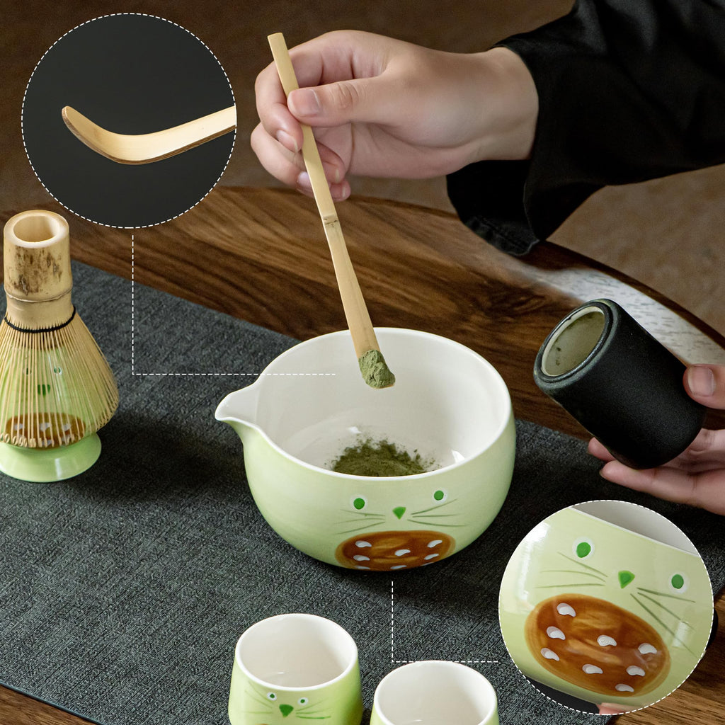 Matcha Whisk Set with Spout, Bowl & Holder, Cute Ceramic Teacups Gift - Cat