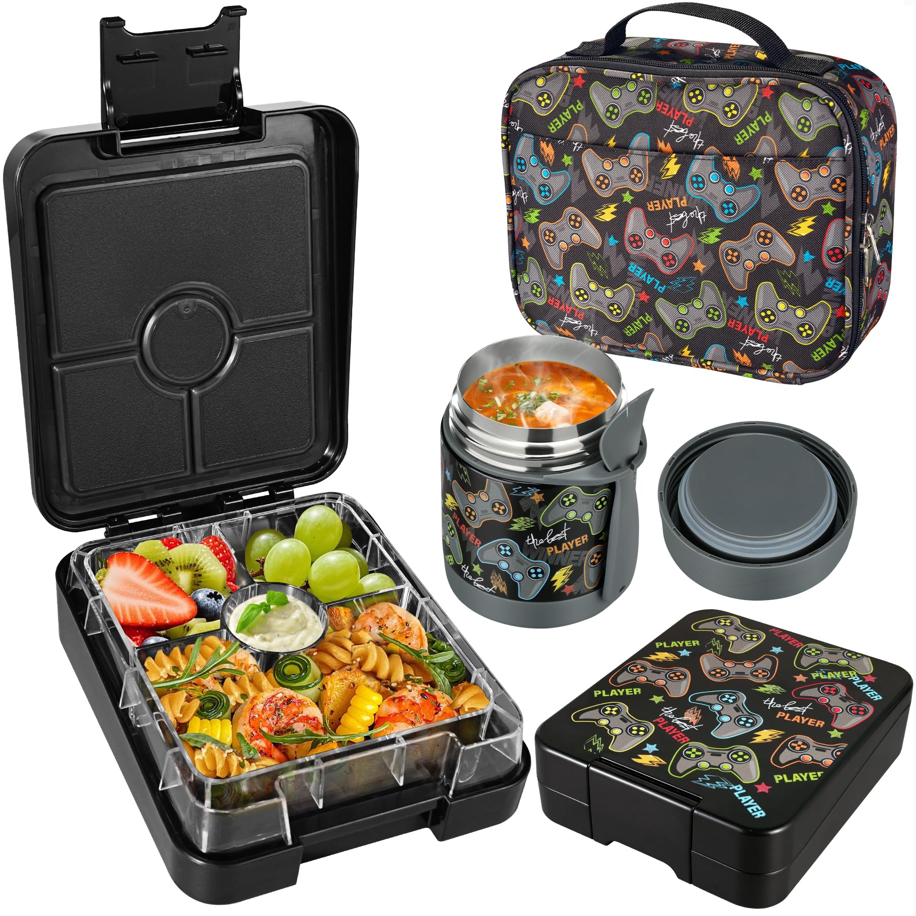Pawtong Bento Lunch Box Set With 10oz Soup Thermo, Leak-proof Lunch Containers with 4 Compartment, Kids Hot Thermo Food Jar/Insulation Lunch Bag, Food Containers for School (Black-Games)