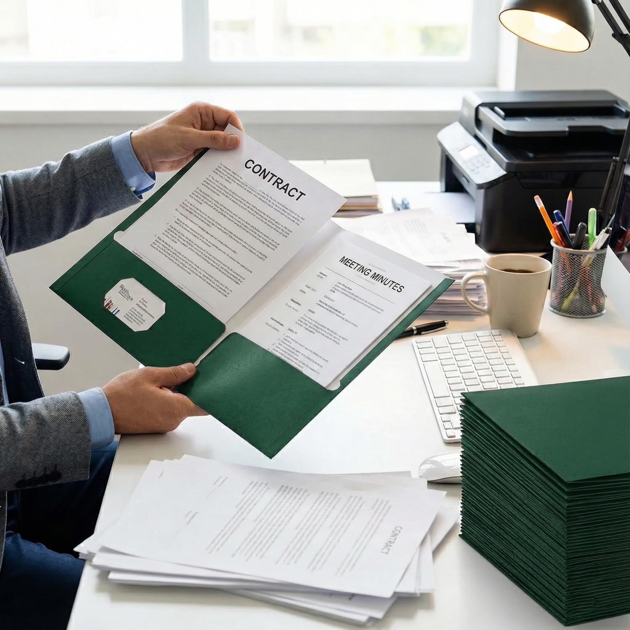 Zzrywuty File folders with Pockets,Green Two folders for documents,50 Pack Paper Folders with Card Slot,Letter Size,School Students,Business,Home and Office Workers