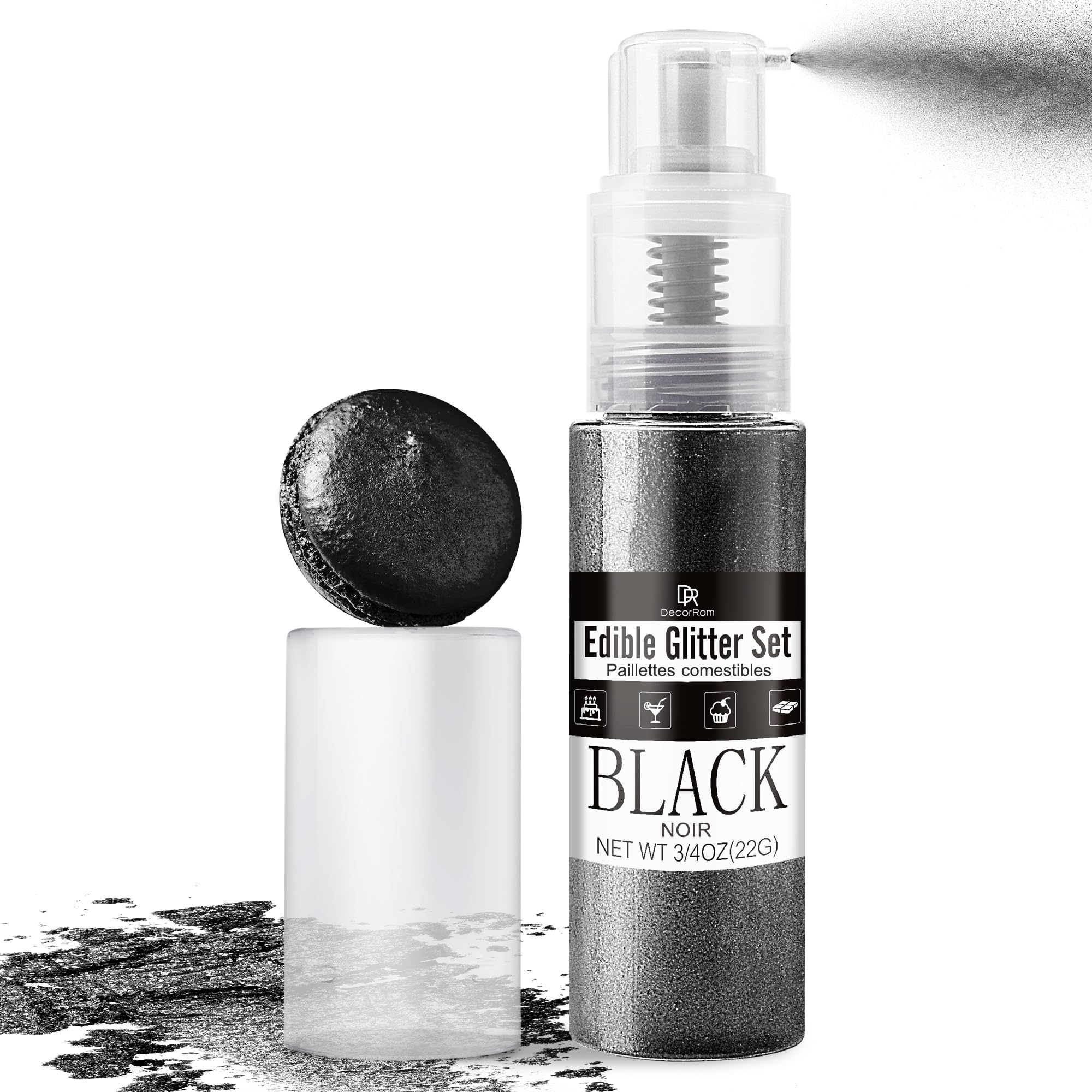 Black Edible Glitter Spray - 3/4oz(22g) Luster Dust Edible Food Grade Glitter Shimmer Dust Powder for Cocktails, Drinks, Cake Decorating - Metallic Food Coloring Powder for Wine, Candy, Cookie, Icing