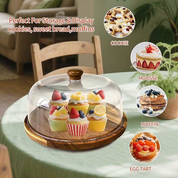 Rotating-Wood-Cake-Stand With Acrylic Dome Lid, Round Wooden Cake Holder Plate With Cover, 2-in-1 Dessert Table Display Set For Party, Charcuterie Board For Cheese, Chips & Dips, Nachos, Fruit Platter