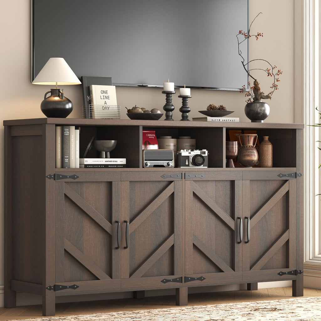 knoworld Buffet Sideboard with Storage Farmhouse with 4 Doors, 55'' Large Kitchen Storage Cabinet Wood Coffee Bar Cabinet Buffet Table with Shelves for Kitchen, Dining Room, Entryway (Brown, 55in)