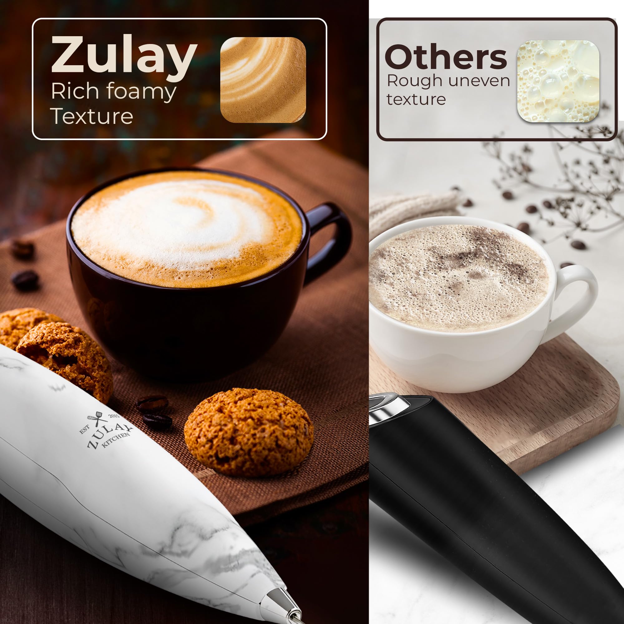 Zulay Kitchen Powerful Milk Frother Wand With Duracell Batteries - Ultra Fast Handheld Drink Mixer - Electric Whisk Foam Maker for Coffee, Lattes, Cappuccino & Matcha - Triple Whisk - Onyx Marble
