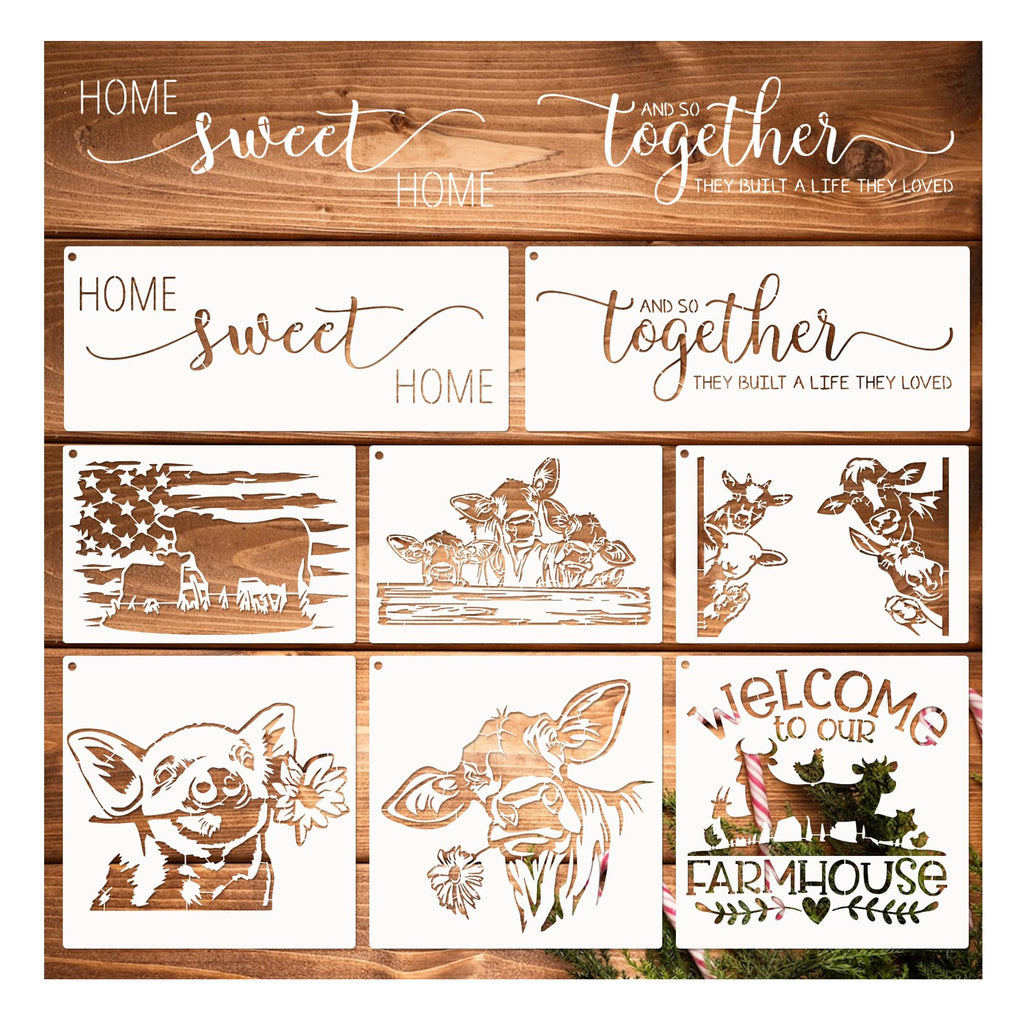 Farmhouse Stencils, Reusable Cow Pig Farm Stencils Wood Burning Country Farm Animal Paint Stencils for Painting on Wood DIY Craft Furniture Wall Sign Fabric Decors
