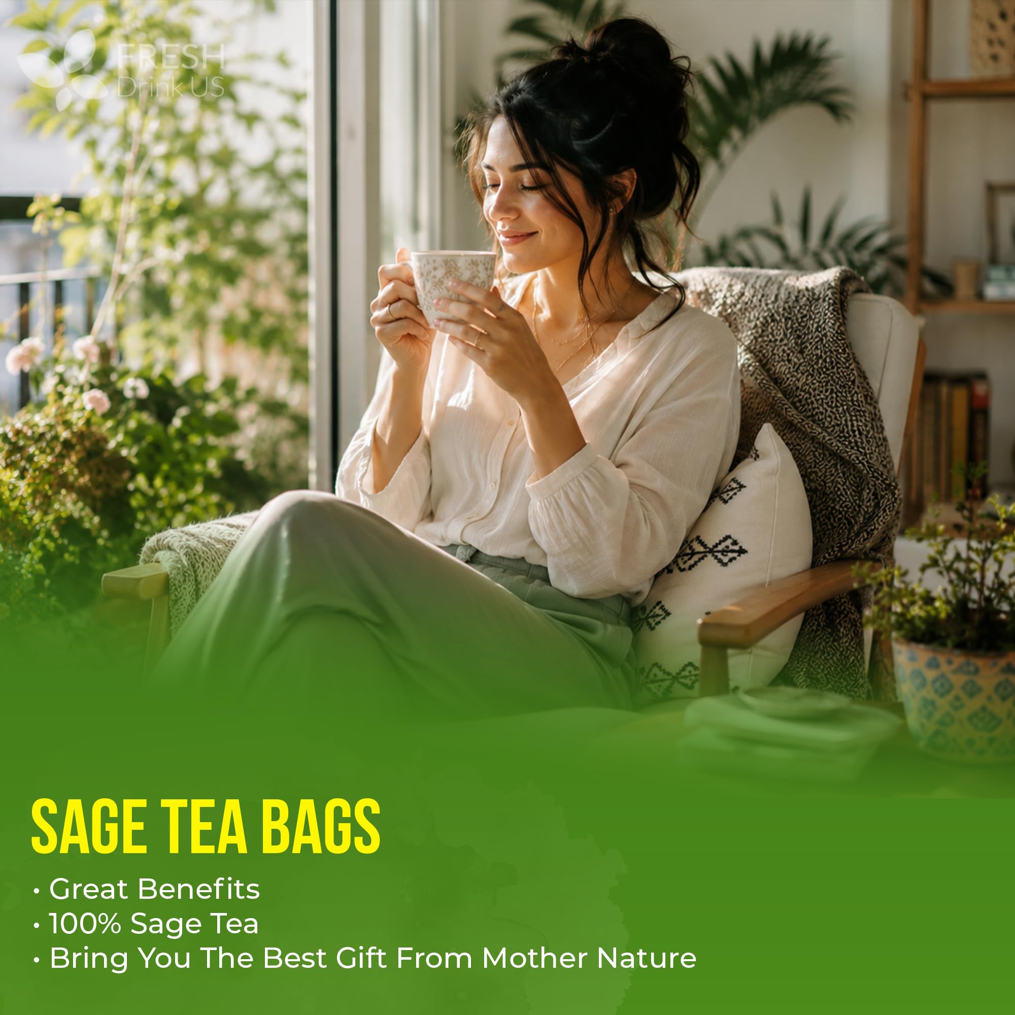 FreshDrinkUS, Premium 135 Sage Leaf Tea Bags, 100% Natural & Pure. Loose Leaf Herbal Tea. Made with Eco-Conscious Tea Bags. No Sugar, No Caffeine, No Gluten, Vegan.
