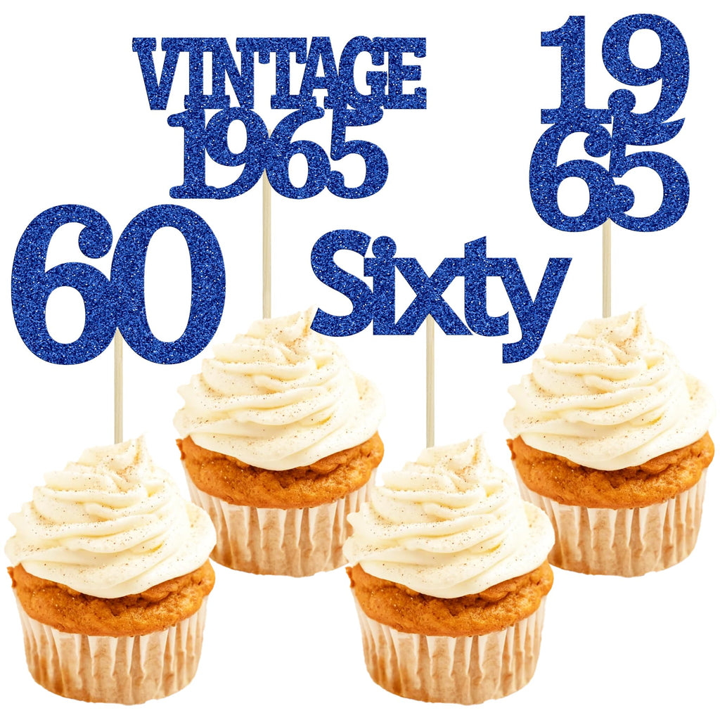 Gyufise 24Pcs Vintage 1965 Cupcake Toppers Cheers to 60 Fabulous Sixty Cupcake Picks Decorations for 60th Birthday Wedding Anniversary Party Cake Decorations Supplies Deep Blue