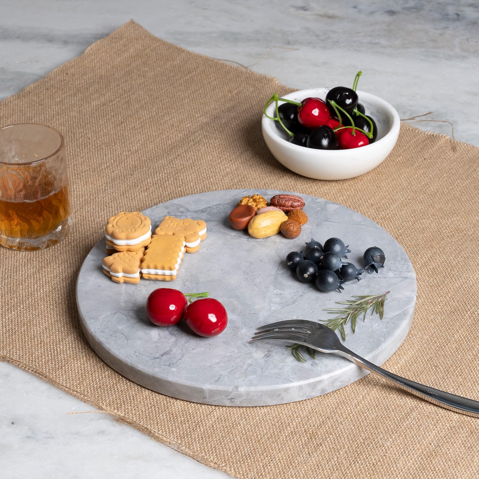 Koville Round Marble Pastry Cutting Board - 11" Gray Marble Cheese Board for Baking, Charcuterie, Pastry, Trivet - Non-Stick Heat Resistant Stone Cutting Boards for Kitchen