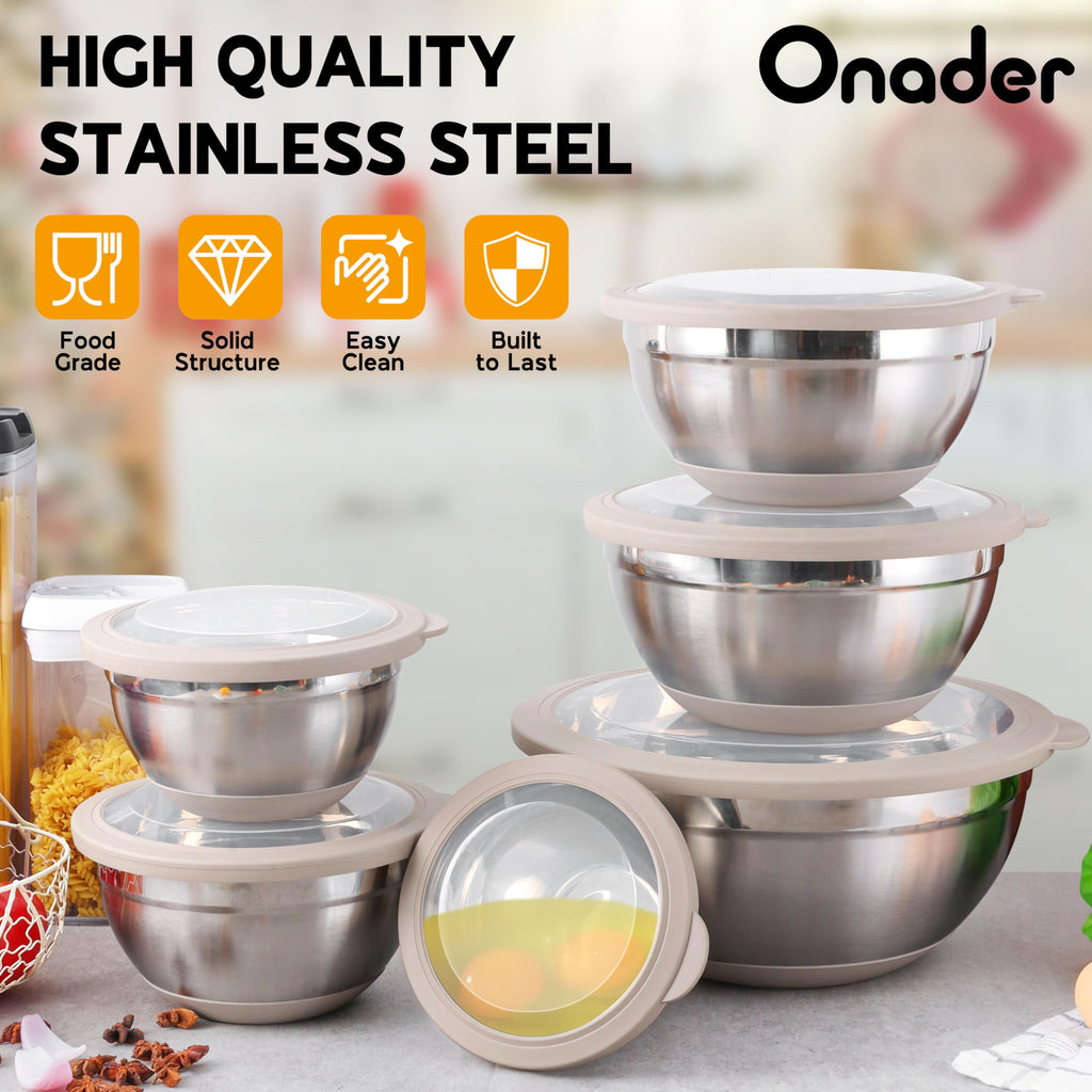 Onader Mixing Bowls with Lids Set of 6, Large Metal Nesting Mixing Bowls, Stainless Steel Non-Slip Salad Bowl Khaki – Size 0.7, 1, 1.5, 2, 2.6, 4.6QT