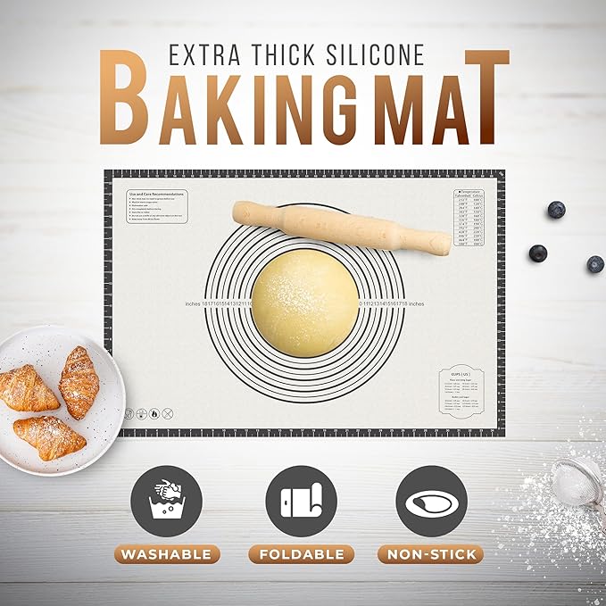 26 * 16 inches Black, Non-Slip Silicone Baking Sheets - Baking Mat with 0.7mm Thickness - Non-Stick Pastry & Cookie Mat for Kitchen Counter for Rolling Out Dough with Measurements.