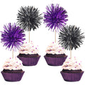 40 PCS Foil Firework Cupcake Toppers Sparkle Tinsel Cupcake Picks Fireworks Birthday Party Decorations Cocktail Fruit Toothpick for Birthday Wedding Graduation Party Decorations Supplies Black Purple
