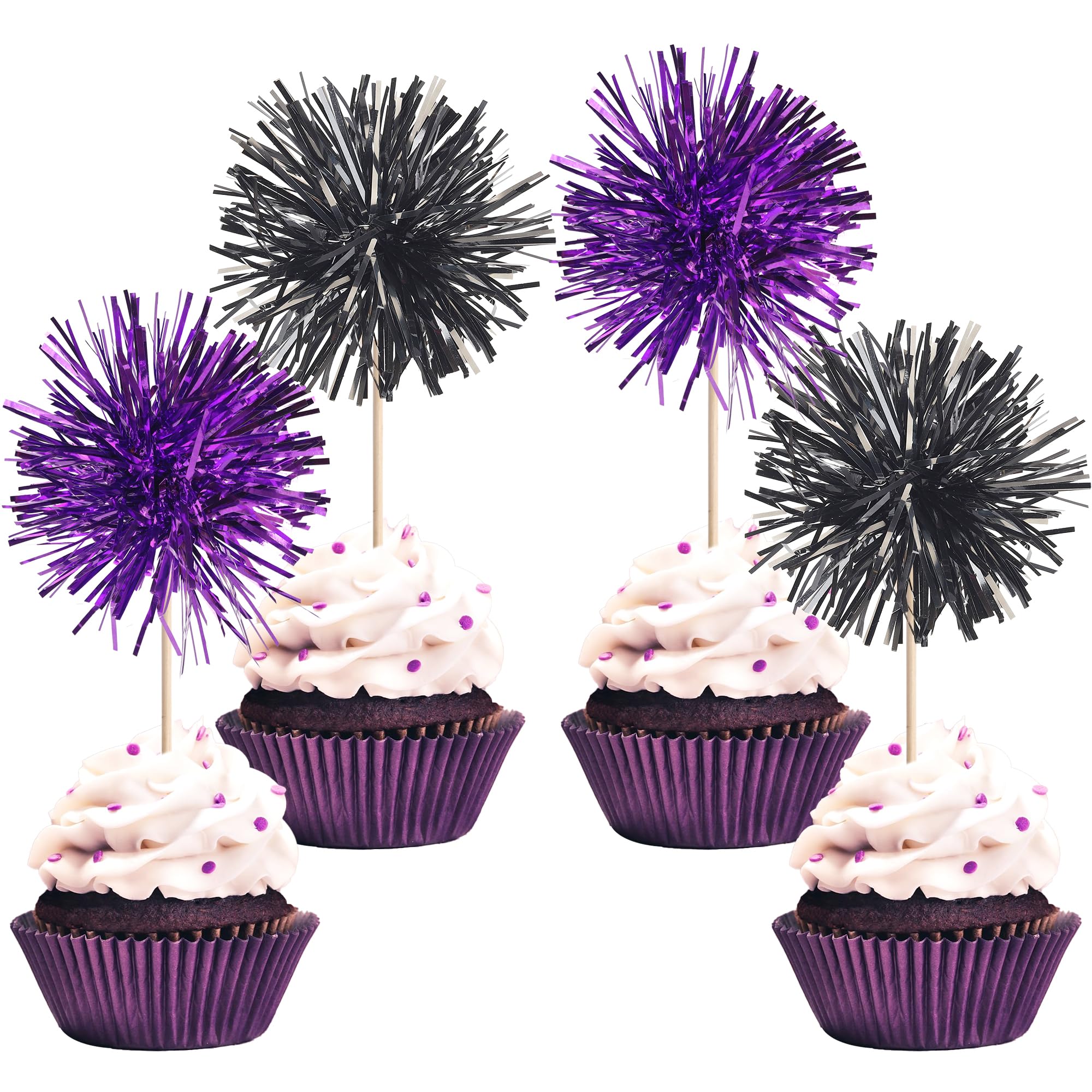 40 PCS Foil Firework Cupcake Toppers Sparkle Tinsel Cupcake Picks Fireworks Birthday Party Decorations Cocktail Fruit Toothpick for Birthday Wedding Graduation Party Decorations Supplies Black Purple