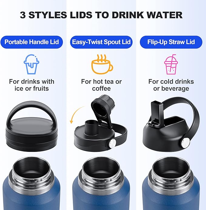 HYDROWION Stainless Steel Water Bottles,Insulated Water Bottle 40 oz (Cold 48 hrs, Hot 24 hrs), Water Tumbler with Leak Proof Straw Lid, Spout Lid and Flex Cap,Double Wall Travel Tumbler Cup, Mint