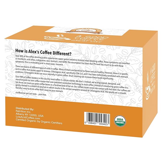 Alex’s Low Acid Organic Coffee | Created to Limit Heartburn, Acid Reflux & Stomach Irritation | French Roast | Pack of 12 K-Cups