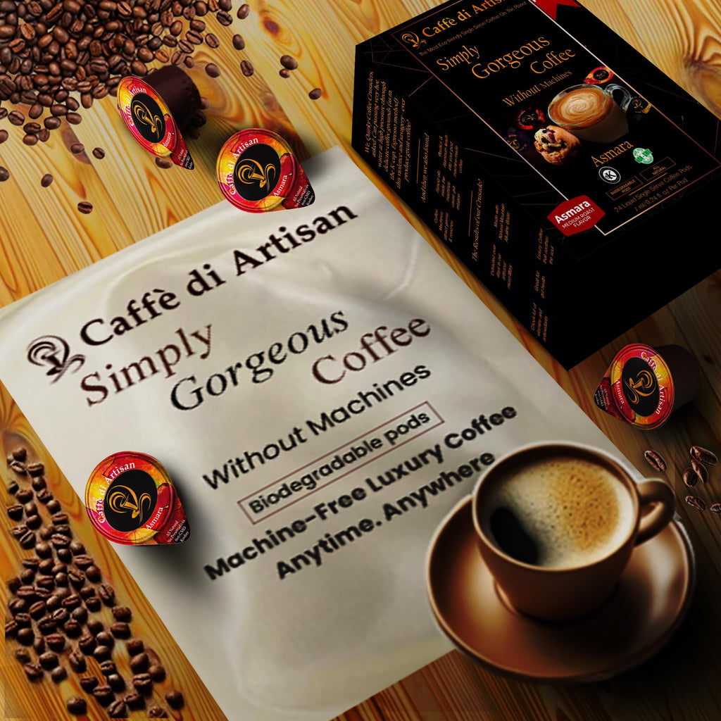 Caffè di Artisan Liquid Coffee Pods – Premium Single-Serve Coffee for Cold Brew concentrate, Iced Coffee & Hot Coffees – Machine-Free, Eco-Friendly, Ready in Seconds. Rich; Asmara with Frother; Arabica; Medium Roast – 24 Count