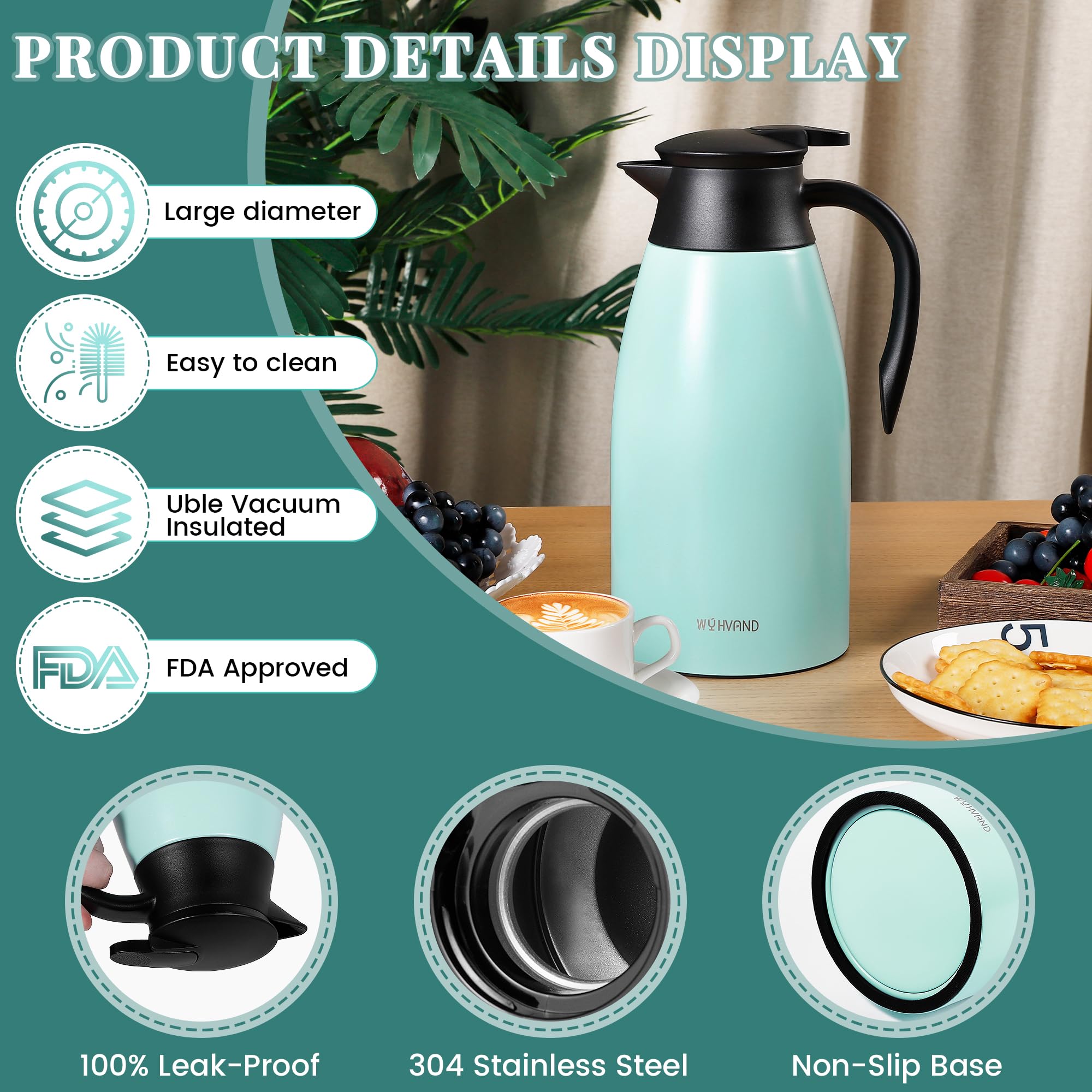 WYHVAND Thermal Coffee Carafe, 68 oz, Leakproof Push-Button Lid, Blue