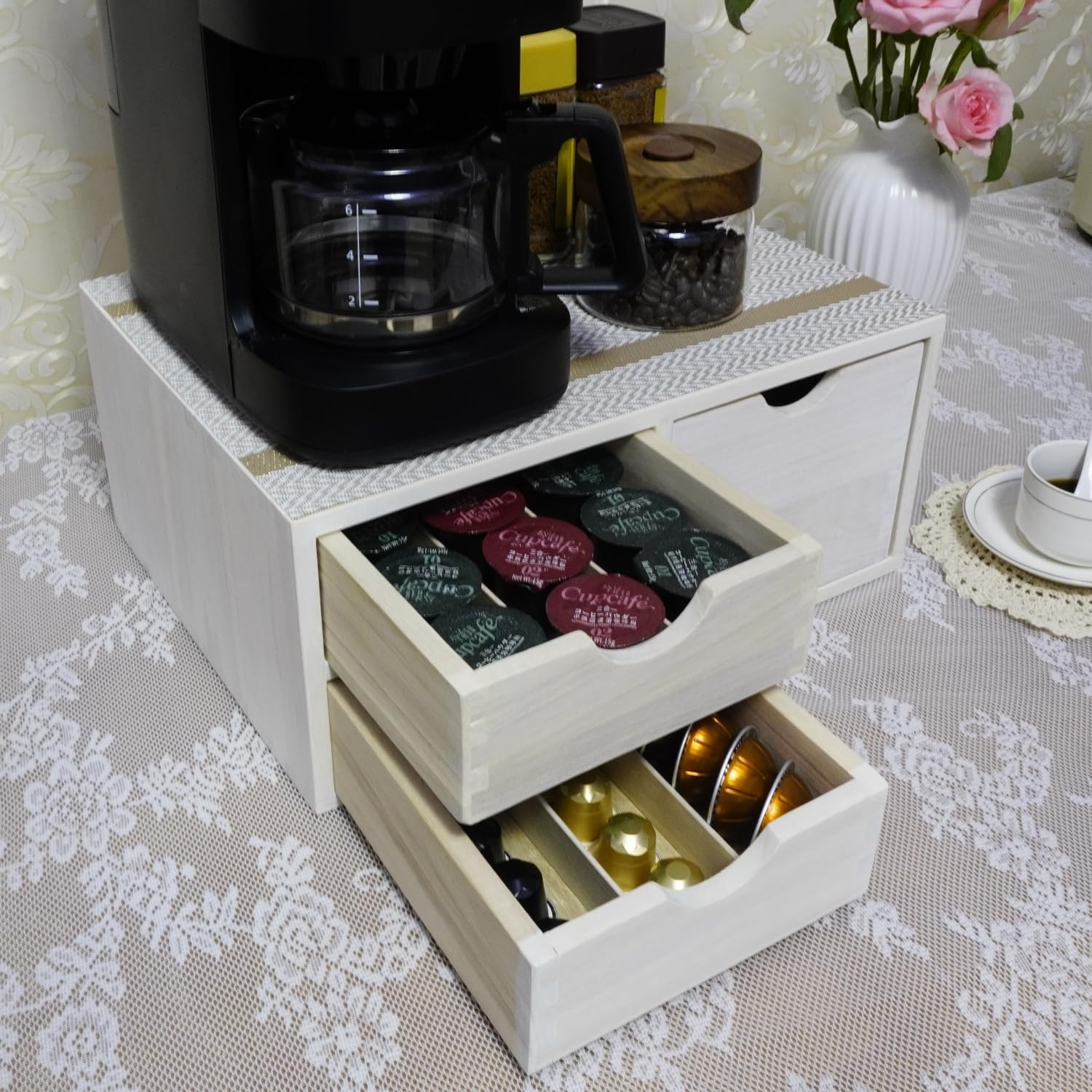 DDYURI Kitchen Storage Organizer with 3 Drawers for Coffee Brew K Cup/Coffee Pod Holder - Office Organization Drawer for Desk, Multi-Purpose Mini Wood Cabinet Countertop Stand Shelf CF2D3C White