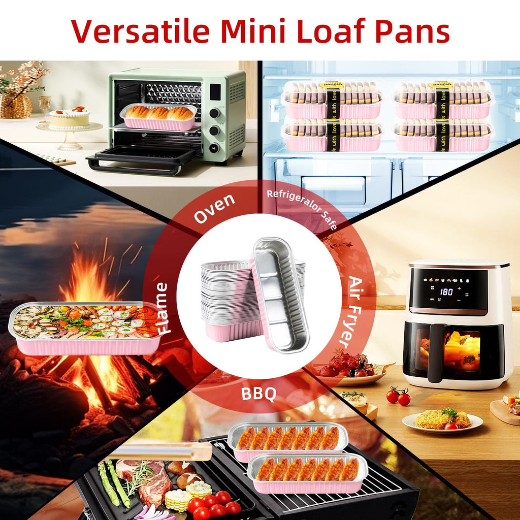 Orlashop Mini Loaf Pans with Lids and Spoons Sealing Sticker,6.8oz Cake Pans for Baking Disposable Aluminum Foil Pink/Red cake pan (30, Pink)