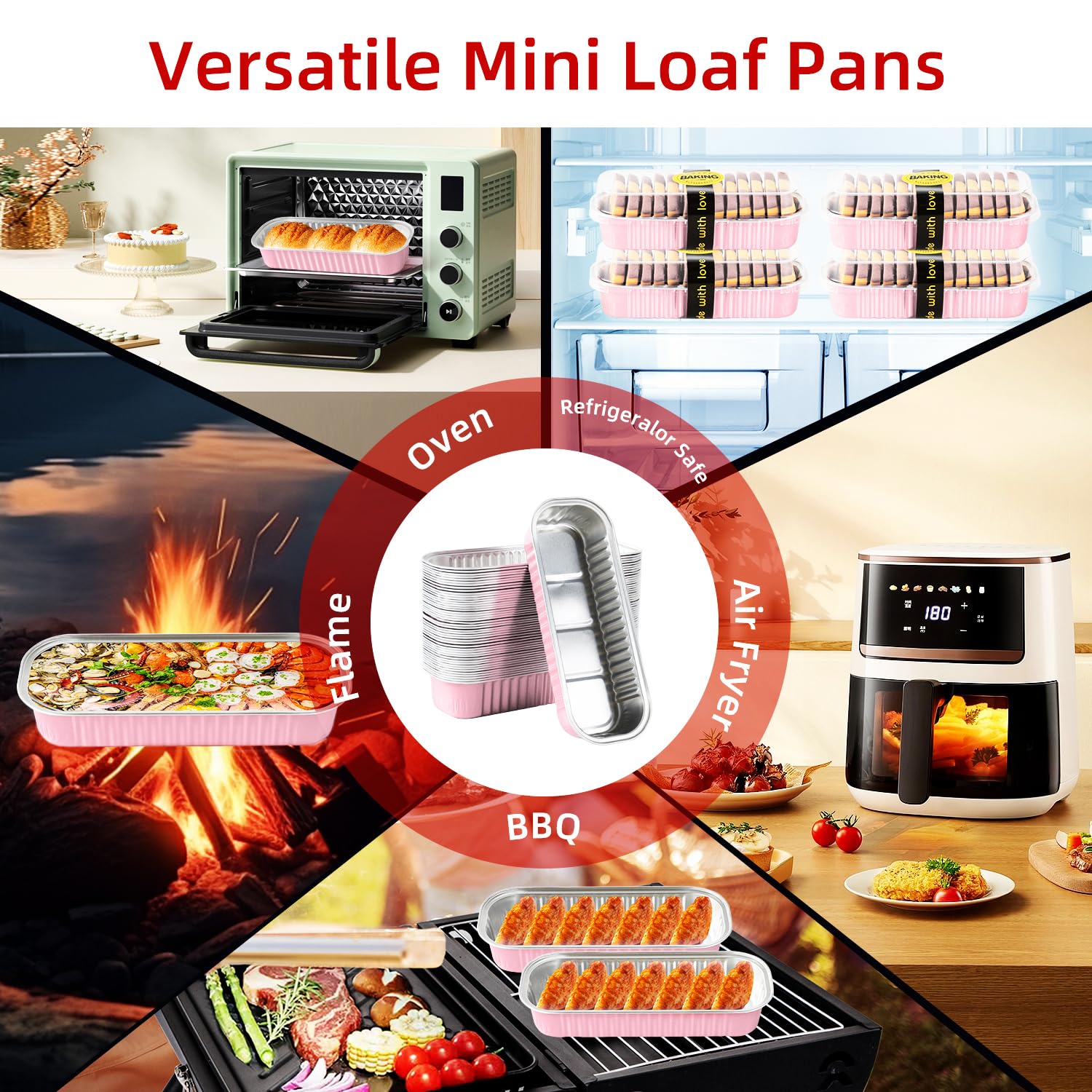 Orlashop Mini Loaf Pans with Lids and Spoons Sealing Sticker,6.8oz Cake Pans for Baking Disposable Aluminum Foil Pink/Red cake pan (30, Pink)