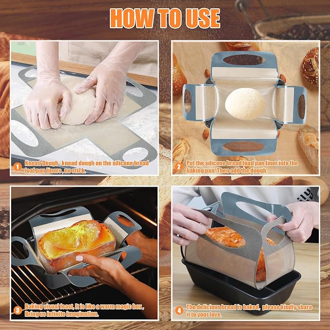 2PCS Reusable Silicone Bread Loaf Pan Liner, Food-Grade Silicone Bread Sling, Sourdough Bread Baking Mat, Loaf Pan Lifters, Non-Stick &Easy Clean Dough Transfer Tool, Fits 9x5 or 1.5lb Loaf Pans,Grey