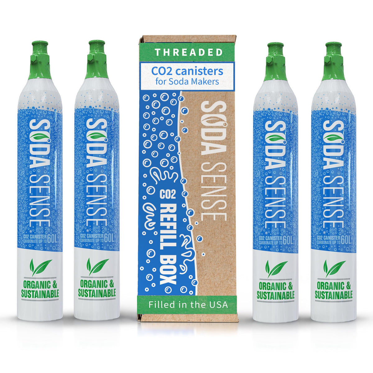 Soda Sense 60L CO2 Exchange Canister - 4 Pack, Threaded Style - Compatible with All 'Screw-In' Soda/Sparkling Water Makers, Including SodaStream BLUE Cylinder Models, Ninja Thirsti, Philips & More