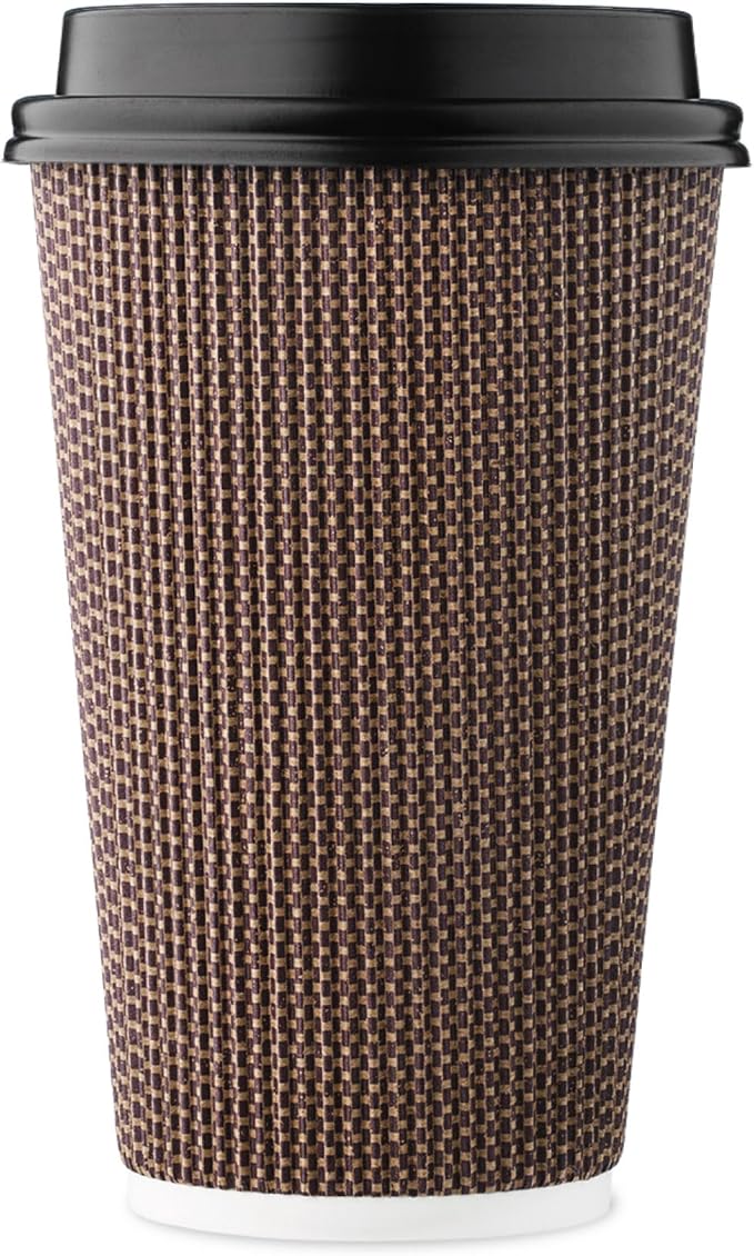 [85 SET]Harvest Pack 16 oz Coffee Cups, Disposable Insulated Ripple Coffee Cups, Double-Walled To go Cups with Lids, Brown Geometric, Drinking Paper Cups for Tea Hot Chocolate Drinks