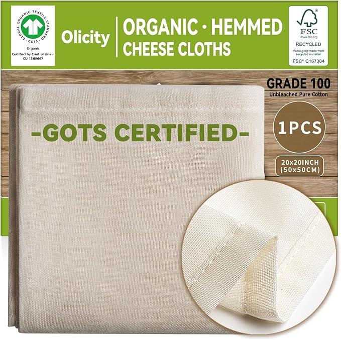 Organic Cheese Cloths, GOTS Certified, Grade 100,20x20Inch Hemmed Cheese Cloth Reusable Muslin Cheesecloth for Straining, 100% Cotton Unbleached Fine Mesh Cloth Cheese Cloths for Cooking,Sushi,Juicing