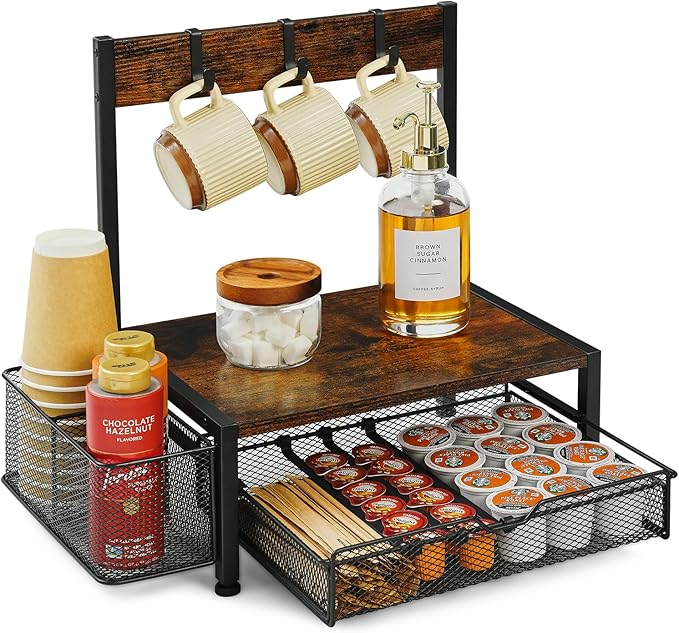 Coffee Bar Organizer with K Cup Holder,Coffee Pod Drawer Holder for 24 Pod Capacity, Storage Drawer with Dispoable Cups & Lids Holder, Coffee Bar Station Organier for Countertop, Kitchen