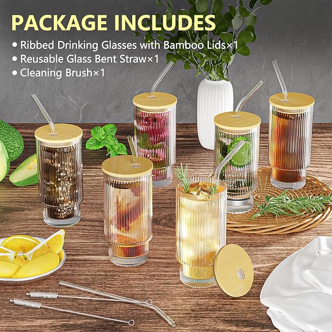 16 OZ Glass Cup with Lid and Straw, Vintage Ribbed Glassware for Whiskey Cocktail Beer, Iced Coffee Cups with Lid, Glass Tumbler with Straw and Lid (1 PACK)