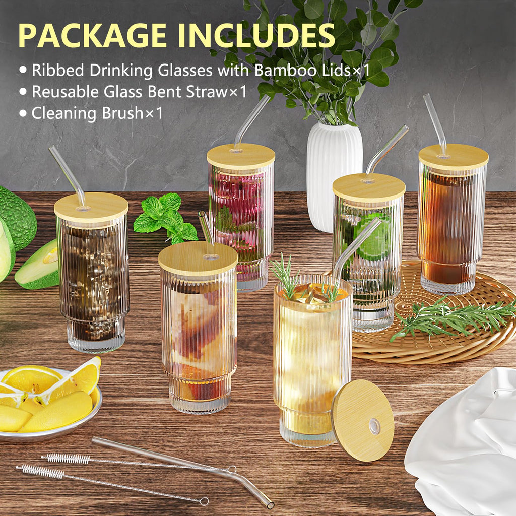 CWHHRN 16 OZ Glass Cup with Lid and Straw, Vintage Ribbed Glassware for Whiskey Cocktail Beer, Iced Coffee Cups with Lid, Glass Tumbler with Straw and Lid (1 PACK)