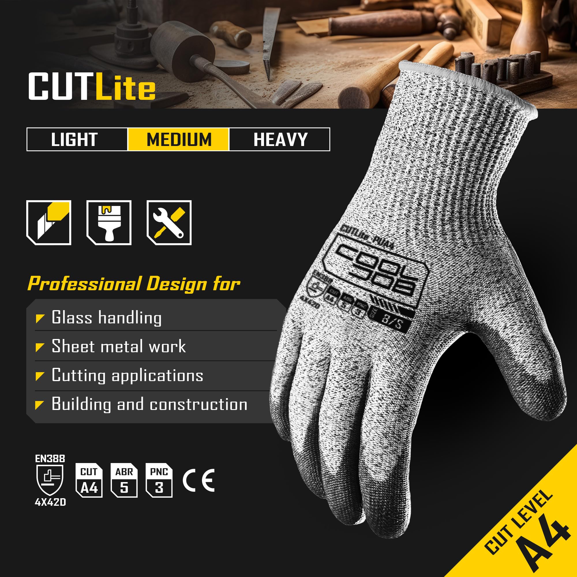 COOLJOB 120 Pairs A4 PU Cut Resistant Safety Work Gloves with Grip, L