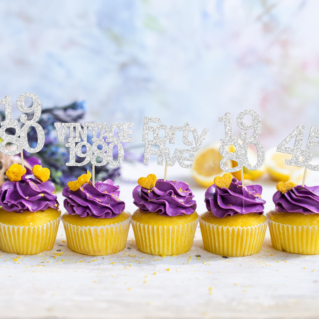 Gyufise 24Pcs 45th Birthday Cupcake Toppers Glitter Cheers to 45 Fabulous Forty Five Vintage 1980 Cupcake Picks 45th Birthday Wedding Anniversary Party Cake Decorations Supplies Silver