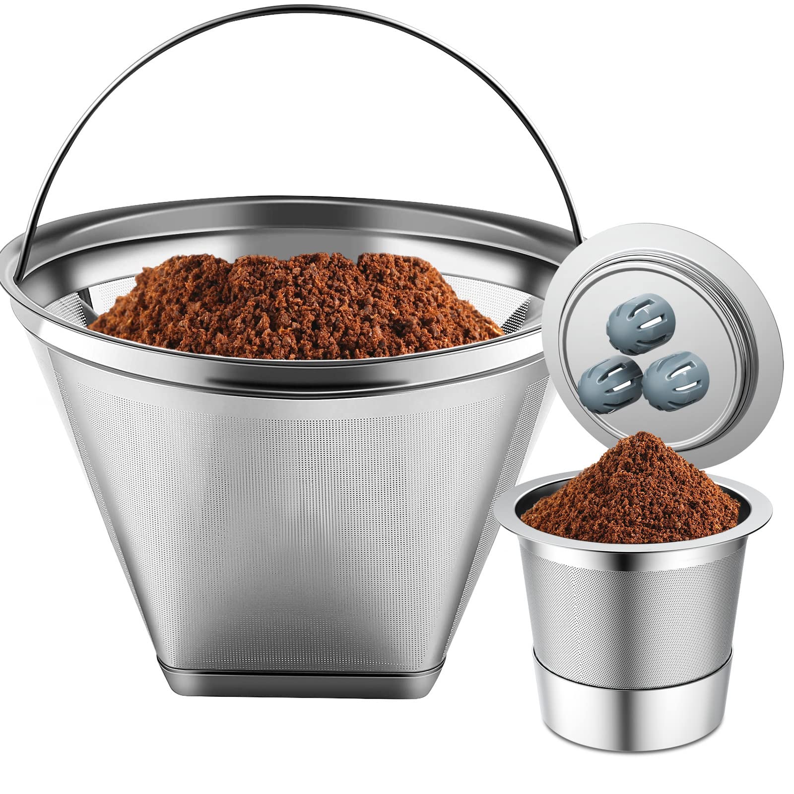 Stainless Steel Reusable Coffee Filter Compatible with Coffee Maker, Reusable Coffee Pods with 4 Cone Coffee Filters, Reusable Coffee Filters for Ninja CFP201 CFP300 CFP301 CFP307