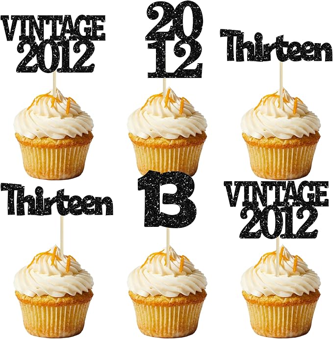 Gyufise 24Pcs 13th Birthday Cupcake Toppers Glitter Thirteen Vintage 2012 Official Teenager 13 Cupcake Picks 13 Years Birthday Cake Decorations for Happy 13th Anniversary Party Supplies Black