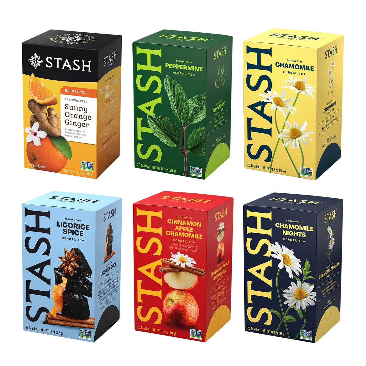 Stash Tea Soothing Herbal Tea 6 Flavor Variety Pack, 6 Boxes With 18-20 Tea Bags Each