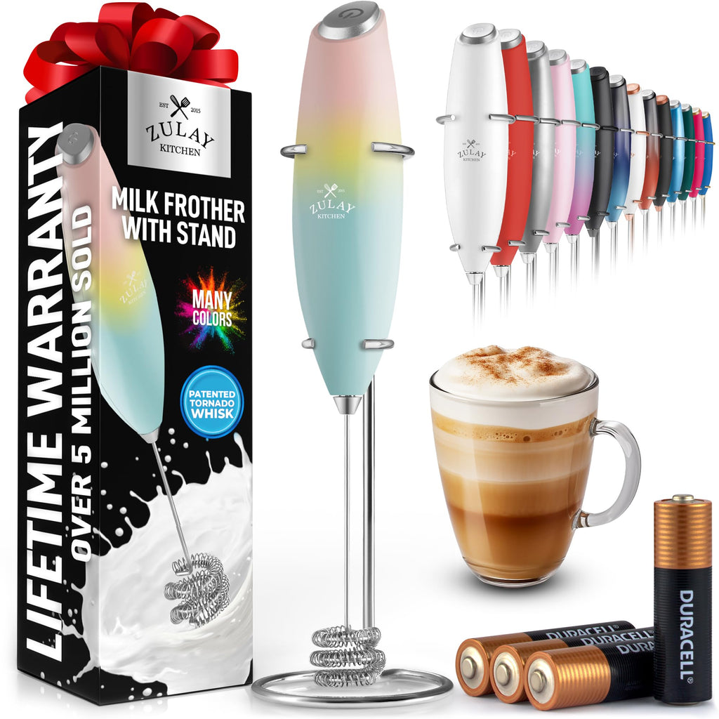 Zulay Kitchen Powerful Milk Frother Wand With Duracell Batteries - Ultra Fast Handheld Drink Mixer - Electric Whisk Foam Maker for Coffee, Lattes, Cappuccino & Matcha - Triple Whisk - Pink Sunrise