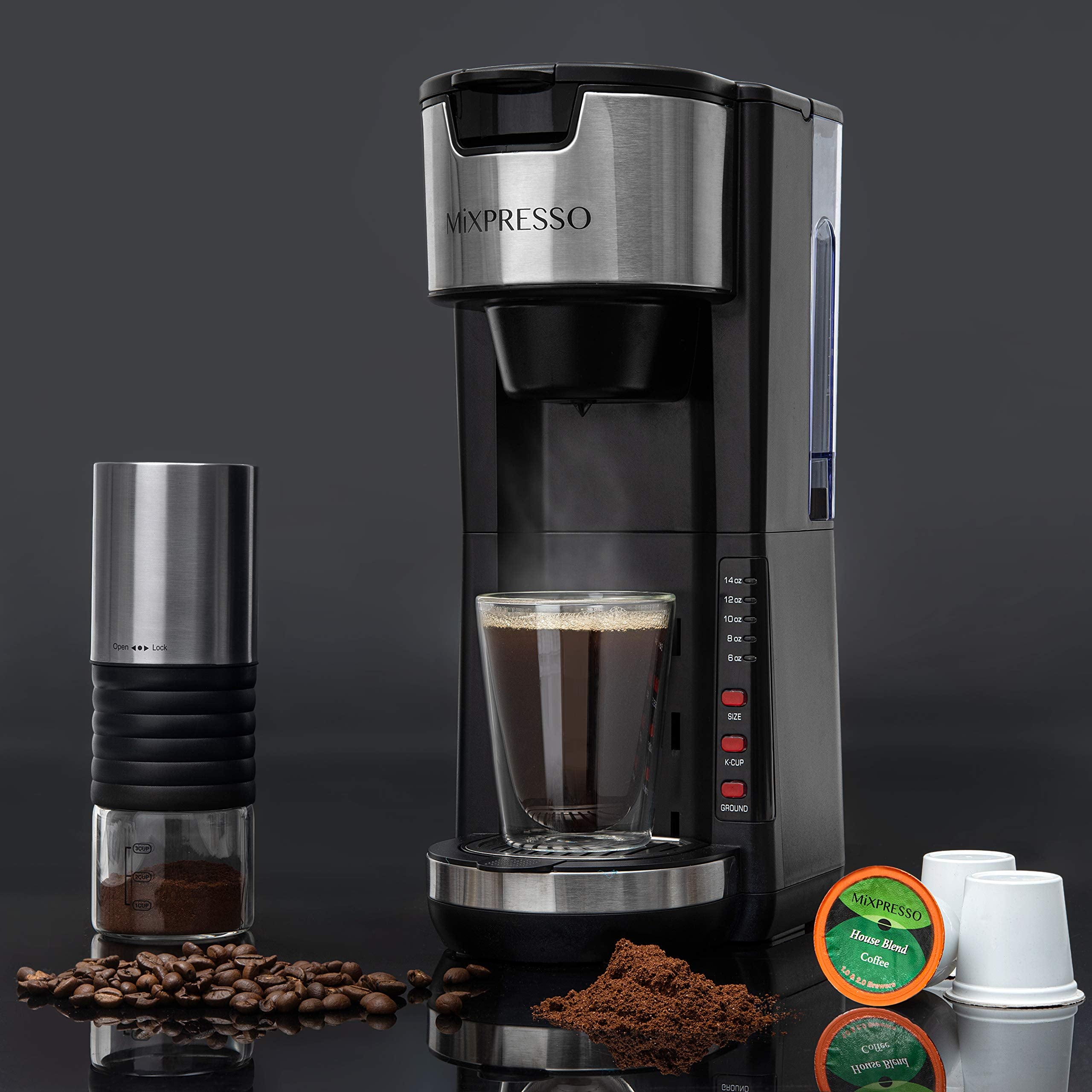 Mixpresso Black Single Serve Coffee Brewer K-Cup Pods Compatible & Ground, 30 oz Compact Coffee Maker Single Serve With 5 Brew Sizes Up To 14 Oz, Fits Travel Mug, Adjustable Drip Tray